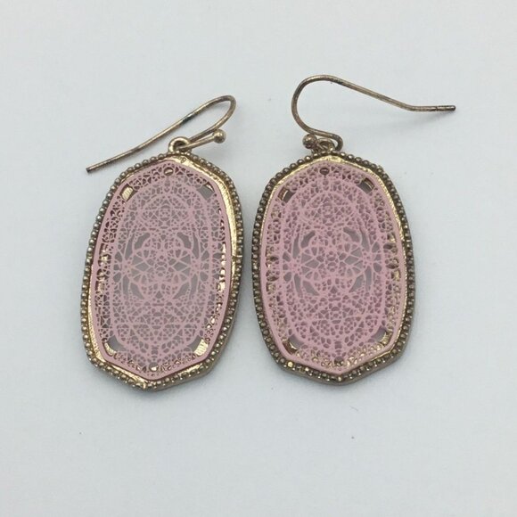 Pink Delicate Filigree Hexagonal Gold Tone Edge Drop Earrings Fish Hook Backs - Picture 1 of 4